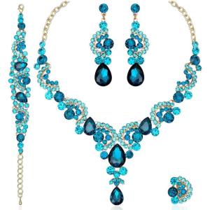 imageCSY Elegant Crystal Necklace Earrings Bracelet Ring Bridal Wedding Party Costume Jewelry Sets for Brides Women4 PcsSetGold PlatedAquamarine