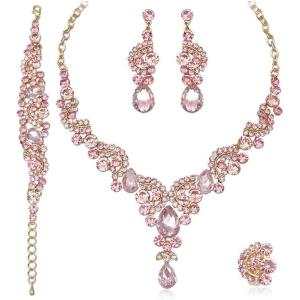 imageCSY Elegant Crystal Necklace Earrings Bracelet Ring Bridal Wedding Party Costume Jewelry Sets for Brides Women4 PcsSetGold PlatedPink