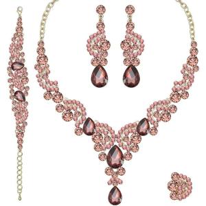 imageCSY Elegant Crystal Necklace Earrings Bracelet Ring Bridal Wedding Party Costume Jewelry Sets for Brides Women4 PcsSetGold TonePurple