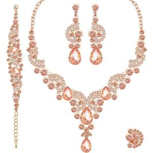 imageCSY Elegant Crystal Necklace Earrings Bracelet Ring Bridal Wedding Party Costume Jewelry Sets for Brides Women4 PcsSetRose Gold PlatedPeach Color