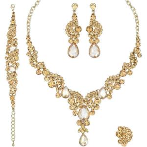 imageCSY Elegant Crystal Necklace Earrings Bracelet Ring Bridal Wedding Party Costume Jewelry Sets for Brides Women4 PcsSetgold platedchampagne