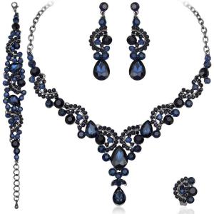 imageCSY Elegant Crystal Necklace Earrings Bracelet Ring Bridal Wedding Party Costume Jewelry Sets for Brides Women4 PcsSetnavy blue