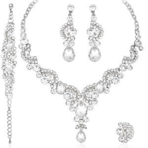 imageCSY Elegant Crystal Necklace Earrings Bracelet Ring Bridal Wedding Party Costume Jewelry Sets for Brides Women4 PcsSetwhite gold platedwhite