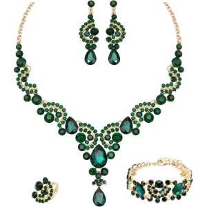 imageCSY Elegant Crystal Necklace Earrings Bracelet Ring Bridal Wedding Party Costume Jewelry Sets for Brides WomenEmerald Greengold tone