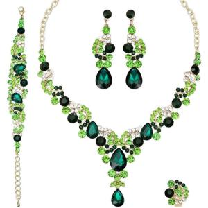 imageCSY Elegant Crystal Necklace Earrings Bracelet Ring Bridal Wedding Party Costume Jewelry Sets for Brides WomenGold PlatedGreen and White crystal