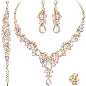 imageCSY Elegant Crystal Necklace Earrings Bracelet Ring Bridal Wedding Party Costume Jewelry Sets for Brides WomenIridescent AB Crystal  Gold tone