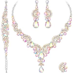imageCSY Elegant Crystal Necklace Earrings Bracelet Ring Bridal Wedding Party Costume Jewelry Sets for Brides WomenIridescent AB Crystal  Silver tone