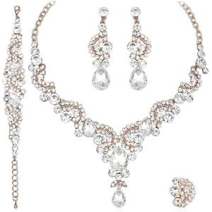 imageCSY Elegant Crystal Necklace Earrings Bracelet Ring Bridal Wedding Party Costume Jewelry Sets for Brides Womenwhite crystal  rose gold tone