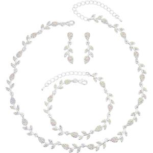 imageCSY Elegant Leaf Cluster Choker Necklace Earrings Bracelet Set for Bride Bridesmaids Bridal Wedding Jewelry Set Prom Formal Costume AccessoriesIridescent AB rhinestonesilver tone