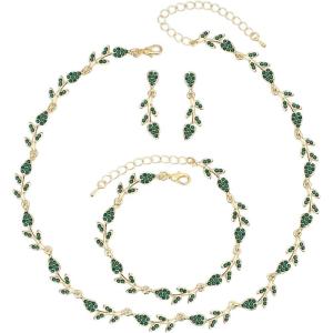 imageCSY Elegant Leaf Cluster Choker Necklace Earrings Bracelet Set for Bride Bridesmaids Bridal Wedding Jewelry Set Prom Formal Costume Accessoriesgreen rhinestonesgold tone