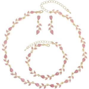 imageCSY Elegant Leaf Cluster Choker Necklace Earrings Bracelet Set for Bride Bridesmaids Bridal Wedding Jewelry Set Prom Formal Costume Accessorieshot pink rhinestonesgold tone