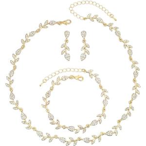 imageCSY Elegant Leaf Cluster Choker Necklace Earrings Bracelet Set for Bride Bridesmaids Bridal Wedding Jewelry Set Prom Formal Costume Accessorieswhite rhinestonesgold tone