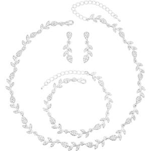 imageCSY Elegant Leaf Cluster Choker Necklace Earrings Bracelet Set for Bride Bridesmaids Bridal Wedding Jewelry Set Prom Formal Costume Accessorieswhite rhinestonessilver tone