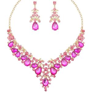 imageCSY Elegant Teardrop Crystal Wedding Jewelry Sets for Women Bridal Statement Necklace Earrings Bride Bridesmaid Costume Accessorieshot pink