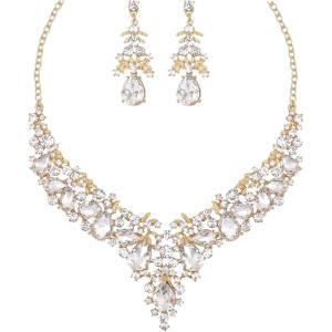 imageCSY Elegant Teardrop Crystal Wedding Jewelry Sets for Women Bridal Statement Necklace Earrings Bride Bridesmaid Costume Accessorieswhite crystalgold tone