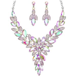 imageCSY Elegant Womens Wedding Jewelry Sets Flower Leaf Marquise Crystal Bridal Statement Necklace Dangle Earrings Set for Brideab crystalplatinum tone
