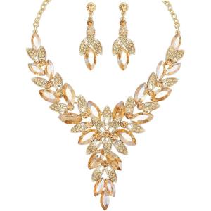 imageCSY Elegant Womens Wedding Jewelry Sets Flower Leaf Marquise Crystal Bridal Statement Necklace Dangle Earrings Set for Bridechampagnegold tone