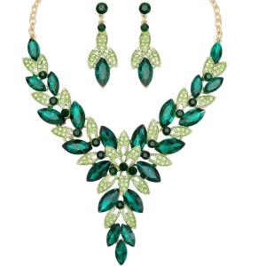 imageCSY Elegant Womens Wedding Jewelry Sets Flower Leaf Marquise Crystal Bridal Statement Necklace Dangle Earrings Set for Bridegreengold tone