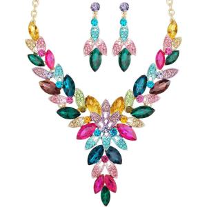 imageCSY Elegant Womens Wedding Jewelry Sets Flower Leaf Marquise Crystal Bridal Statement Necklace Dangle Earrings Set for Bridemulticolourgold tone