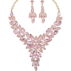imageCSY Elegant Womens Wedding Jewelry Sets Flower Leaf Marquise Crystal Bridal Statement Necklace Dangle Earrings Set for Bridepink crystalgold tone