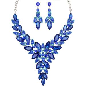 imageCSY Elegant Womens Wedding Jewelry Sets Flower Leaf Marquise Crystal Bridal Statement Necklace Dangle Earrings Set for Brideroyal blueplatinum tone