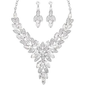 imageCSY Elegant Womens Wedding Jewelry Sets Flower Leaf Marquise Crystal Bridal Statement Necklace Dangle Earrings Set for Bridewhite crystalplatinum tone