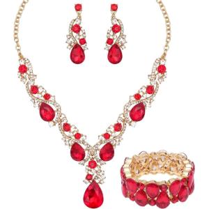 imageCSY Womens Elegant Bridal Necklace Earrings Stretch Bangle Set for Bride Bridesmaid Wedding Costume Jewelry Sets red crystal