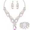 imageCSY Womens Elegant Bridal Necklace Earrings Stretch Bangle Bracelsts Set for Bride Bridesmaid Wedding Teardrop Crystal Costume Jewelry SetsIridescent AB CrystalSilver tone