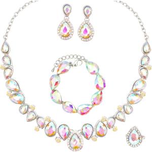 imageCSY Elegant Bridal Necklace Earrings Bracelet Ring Set for Bride Bridesmaid Tear Drop Crystal Wedding Prom Costume Jewelry Sets for WomenAB Crystal  Silver plated