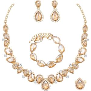 imageCSY Elegant Bridal Necklace Earrings Bracelet Ring Set for Bride Bridesmaid Tear Drop Crystal Wedding Prom Costume Jewelry Sets for Womenchampagne gold