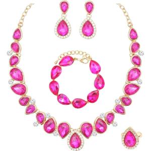 imageCSY Elegant Bridal Necklace Earrings Bracelet Ring Set for Bride Bridesmaid Tear Drop Crystal Wedding Prom Costume Jewelry Sets for Womenhot pink  gold plated