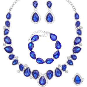 imageCSY Elegant Bridal Necklace Earrings Bracelet Ring Set for Bride Bridesmaid Tear Drop Crystal Wedding Prom Costume Jewelry Sets for Womenroyal blue  platinum plated