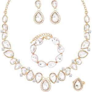 imageCSY Elegant Bridal Necklace Earrings Bracelet Ring Set for Bride Bridesmaid Tear Drop Crystal Wedding Prom Costume Jewelry Sets for Womenwhite crystal  gold plated
