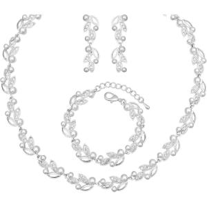 imageCSY Elegant Bridal Necklace Earrings Bracelets Leaves Shape Wedding Prom Dress Accessories Rhinestones Jewelry Sets for Bride BridesmaidStyle  3 White pearl  Silver tone