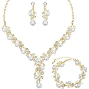 imageCSY Elegant Bridal Necklace Earrings Bracelets Leaves Shape Wedding Prom Dress Accessories Rhinestones Jewelry Sets for Bride BridesmaidStyle 1  White pearl  gold tone
