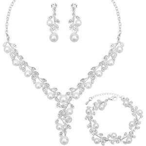 imageCSY Elegant Bridal Necklace Earrings Bracelets Leaves Shape Wedding Prom Dress Accessories Rhinestones Jewelry Sets for Bride BridesmaidStyle 1  White pearl  Silver tone