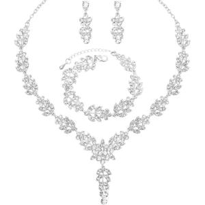 imageCSY Elegant Bridal Necklace Earrings Bracelets Leaves Shape Wedding Prom Dress Accessories Rhinestones Jewelry Sets for Bride BridesmaidStyle 2  White rhinestones  Silver tone