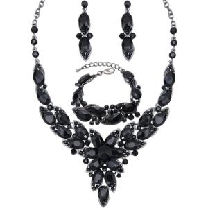 imageCSY Elegant Crystal Costume Jewelry Sets Flower Leaves Bridal Necklace Earrings Bracelet Set for Bride Bridesmaid Wedding Prom Dress Accessoriesblack crystal