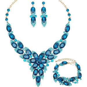 imageCSY Elegant Crystal Costume Jewelry Sets Flower Leaves Bridal Necklace Earrings Bracelet Set for Bride Bridesmaid Wedding Prom Dress Accessorieslake blue