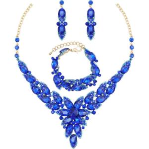 imageCSY Elegant Crystal Costume Jewelry Sets Flower Leaves Bridal Necklace Earrings Bracelet Set for Bride Bridesmaid Wedding Prom Dress Accessoriesroyal bluegold tone
