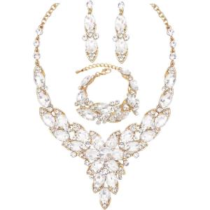 imageCSY Elegant Crystal Costume Jewelry Sets Flower Leaves Bridal Necklace Earrings Bracelet Set for Bride Bridesmaid Wedding Prom Dress Accessorieswhite crystalgold tone