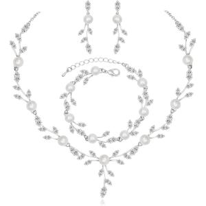 imageCSY Luxury Bridal Necklace Earrings Bracelet Cubic Zirconia Wedding Jewelry for Bride CZ Crystal Pearl Floral Vine Silver Jewelry Set WomenStyleAsilvernecklace earrings bracelet