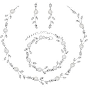 imageCSY Luxury Bridal Necklace Earrings Bracelet Cubic Zirconia Wedding Jewelry for Bride CZ Crystal Pearl Floral Vine Silver Jewelry Set WomenStyleBsilvernecklace earrings bracelet