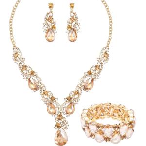 imageCSY Womens Elegant Bridal Necklace Earrings Stretch Bangle Bracelsts Set for Bride Bridesmaid Wedding Teardrop Crystal Costume Jewelry SetsChampagne Gold