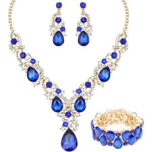imageCSY Womens Elegant Bridal Necklace Earrings Stretch Bangle Bracelsts Set for Bride Bridesmaid Wedding Teardrop Crystal Costume Jewelry SetsRoyal blueGold tone
