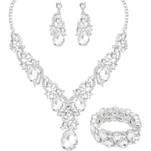 imageCSY Womens Elegant Bridal Necklace Earrings Stretch Bangle Bracelsts Set for Bride Bridesmaid Wedding Teardrop Crystal Costume Jewelry SetsWhite CrystalSilver tone