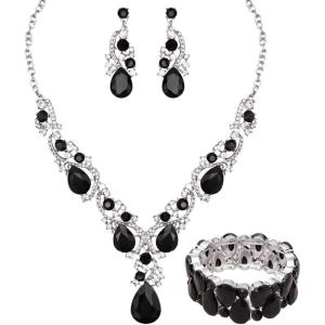 imageCSY Womens Elegant Bridal Necklace Earrings Stretch Bangle Bracelsts Set for Bride Bridesmaid Wedding Teardrop Crystal Costume Jewelry Setsblack tear drop crystal