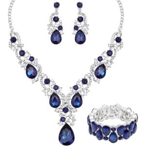 imageCSY Womens Elegant Bridal Necklace Earrings Stretch Bangle Bracelsts Set for Bride Bridesmaid Wedding Teardrop Crystal Costume Jewelry Setsnavy blue