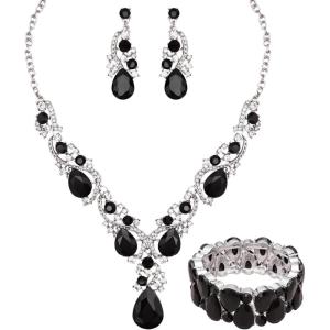 imageCSY Womens Elegant Bridal Necklace Earrings Stretch Bangle Set for Bride Bridesmaid Wedding Costume Jewelry Sets black crystal  platinum tone
