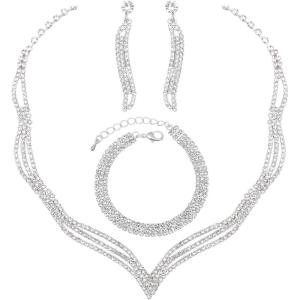 imageCSY Elegant Silver Bridal Jewelry Set for Bridesmaid Brides Wedding Necklace Dangle Earrings Link Bracelets Sets Prom Party Formal Costume Accessories Jewelry Gift Women